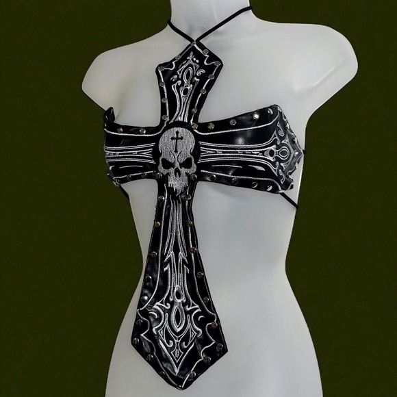 Molliwater Tops - Large Black Cross Skull Backless Halter Top Studded Leather Rave EDM Vegan